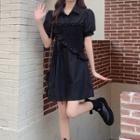 Puff-sleeve Frill Trim Drawstring A-line Dress