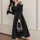 Long-sleeve Glitter Mesh Panel Midi A-line Dress