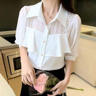 Short-sleeve Faux Pearl Ruffle Blouse