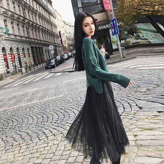 Set: Crew-neck Sweater + Midi A-line Mesh Skirt