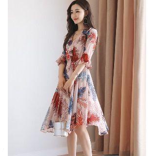 Elbow-sleeve Patterned Ruffle Chiffon Dress