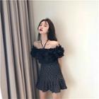 Off Shoulder Frill Trim Shorts Sleeve Blouse / Dotted Flared Skirt