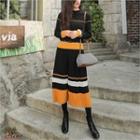Set: Color-block Knit Top + Pleated Long Skirt