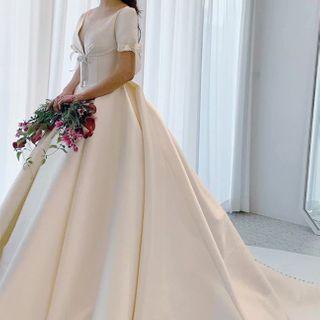 Short Sleeve V-neck Open Back Satin Wedding Gown