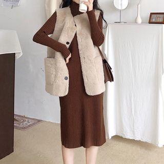 Furry Vest / Mock Turtleneck Long-sleeve Midi Knit Dress