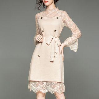 Set: Long-sleeve Lace Dress + Pinafore Dress Dark Blue - One Size