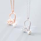 925 Sterling Silver Rhinestone Faux Pearl Pendant Necklace