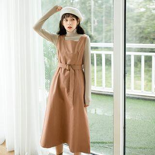 Set: Turtleneck Long-sleeve T-shirt + Square-neck Midi Pinafore Dress