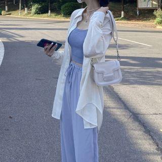 Set: Plain Shirt + Camisole Top + Wide Leg Pants