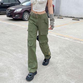 Flower Embroidered Cargo Pants