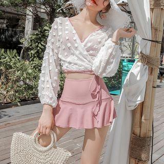 Set: Ruffle Trim Bikini Top + Swim Skirt + Cover-up