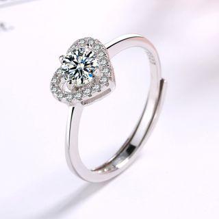 925 Sterling Silver Rhinestone Heart Open Ring As Shown In Figure - Adjustable