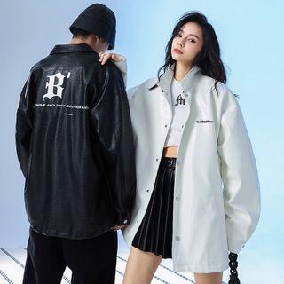 Lettering Faux Leather Button-up Jacket
