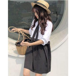 Mock Two-piece Elbow-sleeve Striped Panel Dress