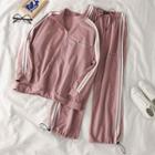 Set Of 2: Contrast Trim Long-sleeve Jacket + Jogger Pants Pink - One Size