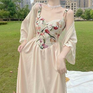 Spaghetti Strap Floral Print Midi A-line Dress / Light Cardigan