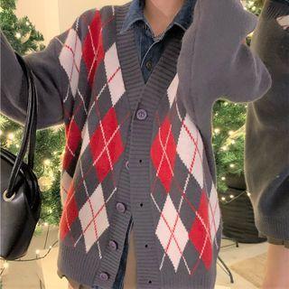 Argyle Cardigan / Denim Shirt