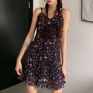 Spaghetti Strap Floral Mini A-line Dress Black & Red - One Size