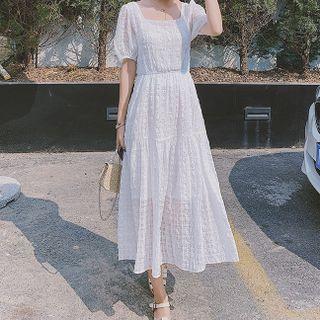 Puff-sleeve Ribbon Maxi A-line Dress