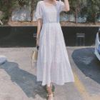 Puff-sleeve Ribbon Maxi A-line Dress
