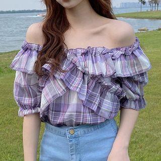 Short-sleeve Plaid Off-shoulder Blouse