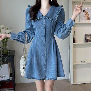 Wide-collar Button-up Denim Dress Blue - One Size