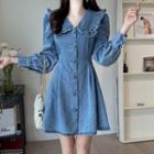 Wide-collar Button-up Denim Dress Blue - One Size