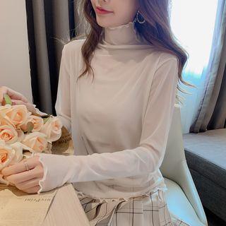 High-neck Lettuce Edge Long-sleeve Mesh Top