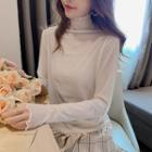 High-neck Lettuce Edge Long-sleeve Mesh Top
