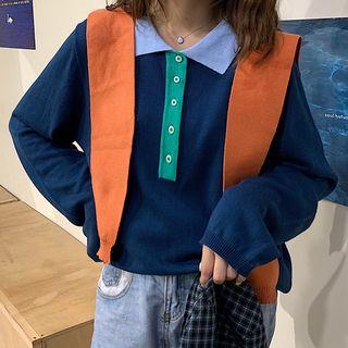 Contrast-color Knit Polo Shirt / Scarf