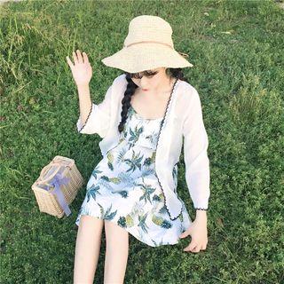 Front-tie Light Jacket / Spaghetti Strap Pineapple Print Mini Dress