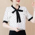 Short-sleeve Dotted Ribbon-neck Blouse