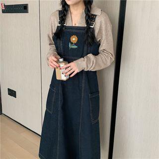 Embroidered Midi Denim Jumper Dress / Collared Knit Top