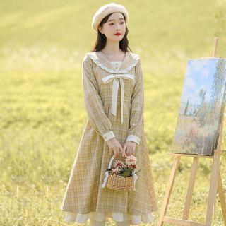 Long-sleeve Plaid Sailor Collar Bow Midi A-line Dress