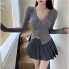 Long-sleeve V-neck Irregular Cropped Knit Top Gray - One Size