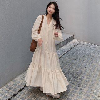 Puff Sleeve V-neck Chiffon Midi Dress