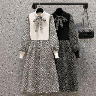 Mock Two-piece Long-sleeve Tie-neck Floral Print Midi A-line Dress