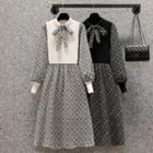 Mock Two-piece Long-sleeve Tie-neck Floral Print Midi A-line Dress