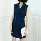 Petite Size - Wrap-front Sleeveless Blazer Playsuit With Belt