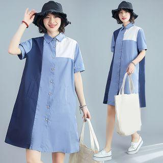 Short-sleeve Color Block A-line Shirtdress
