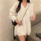 V-neck Furry Sweater White - One Size