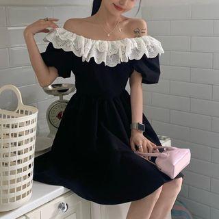 Puff-sleeve Contrast Panel Mini A-line Dress