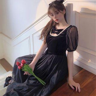 Puff-sleeve Mesh A-line Midi Dress