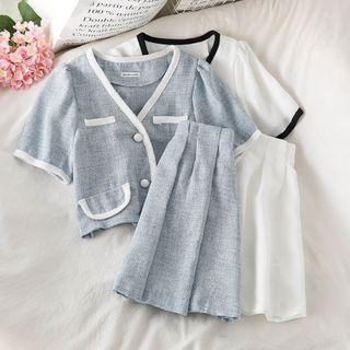 Set: Contrast Trim V-neck Cropped Blouse + Mini A-line Skirt