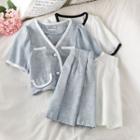Set: Contrast Trim V-neck Cropped Blouse + Mini A-line Skirt