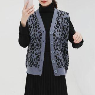 V-neck Leopard Knit Coat