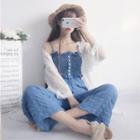 Crochet Cardigan / Long Lace Jacket / Set: Spaghetti-strap Shirred Top + Wide-leg Pants