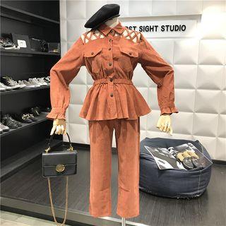Set: Cutout Corduroy Shirt + High Waist Straight-cut Pants