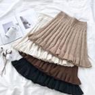 Plain Ruffled-trim Cable-knit Skirt