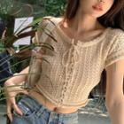 Short-sleeve Lace Up Crochet Knit Top Almond - One Size